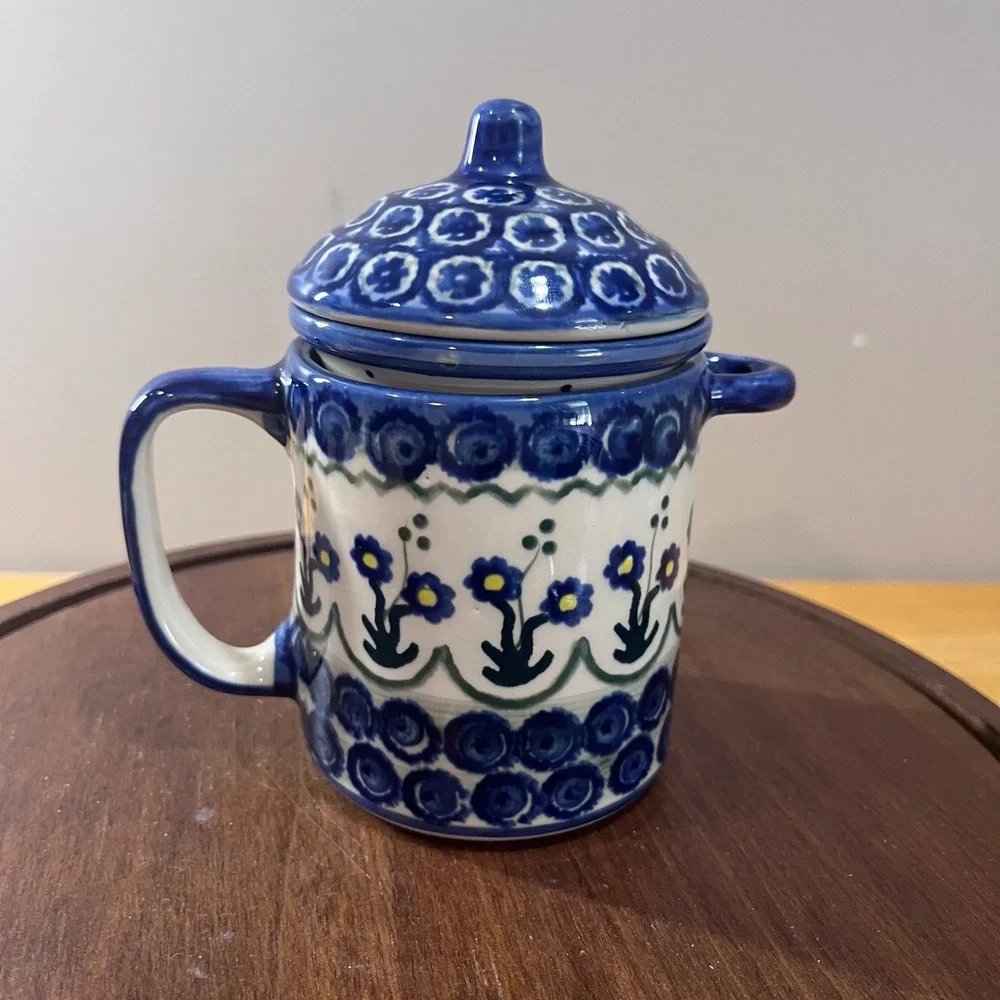 Vtg Polish Pottery Unikat Tea Infuser Mug Strainer Set Boleslawiec Blue Floral